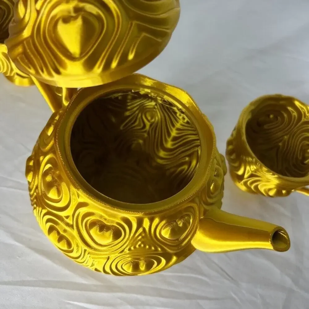 Gold Heart Tea Set Teapot with 2 Cups Ornate Textured Design Decorative Plastic